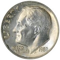 10 центов Рузвельта 1982 без знака монетного двора