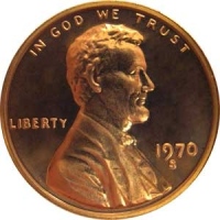 Цент Линкольна 1970-S с уменьшенной датой и сдвоенным изображением аверса
